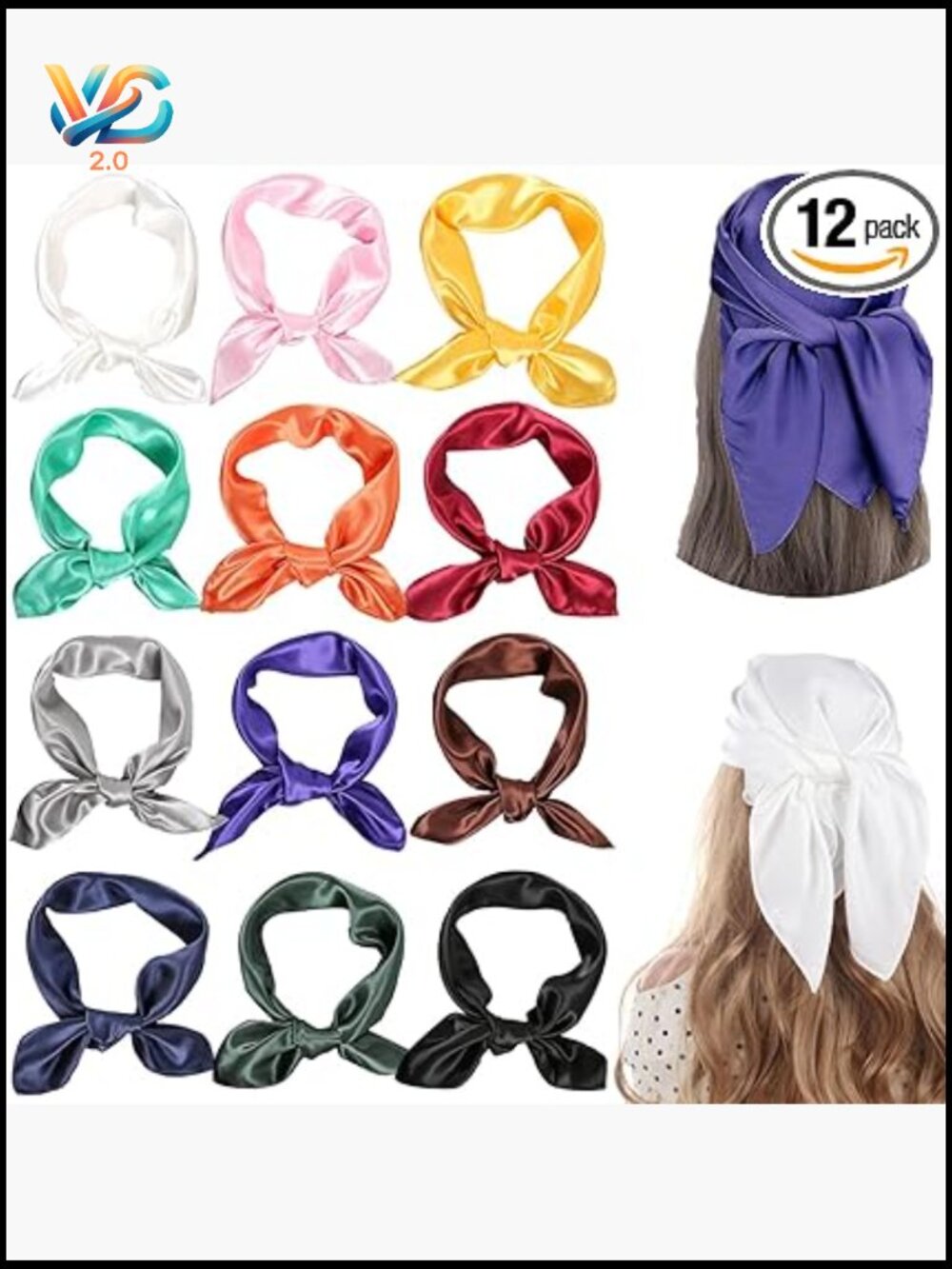 12 Piece Satin Square Neck Scarf Set Silk Like Neckerchief Head Wrap Bandana